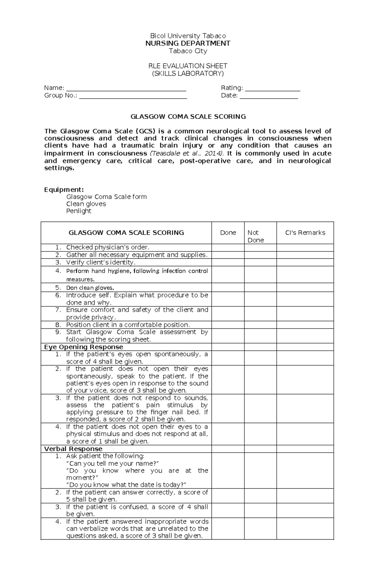 Bicol University Nursing RLE Evaluation Sheet: GCS Scoring Guide - Studocu