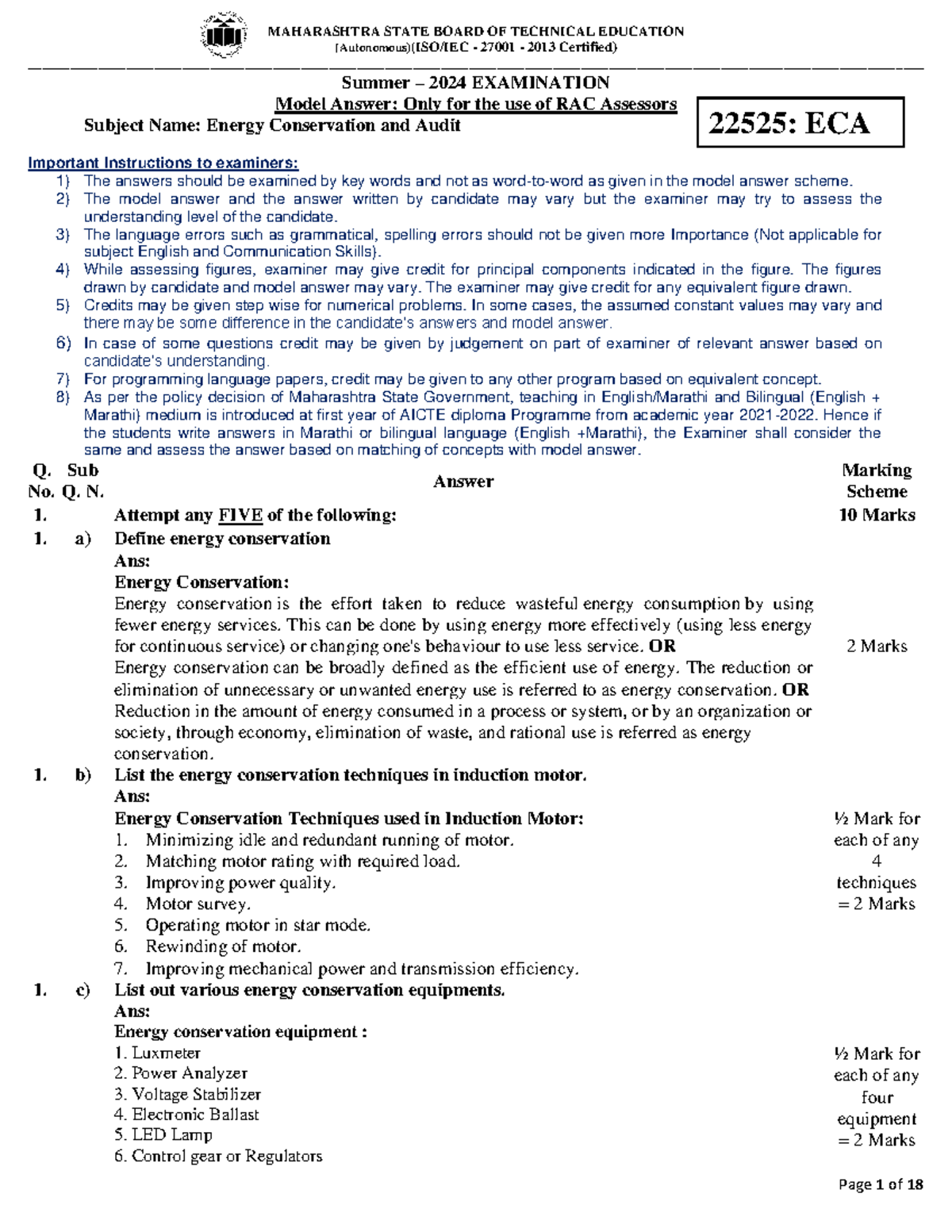 Model Answer for Energy Conservation and Audit 22525: ECA - Summer 2024 ...