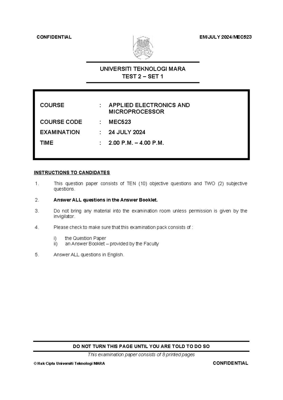 MEC523 Test 2 Set 1: Applied Electronics & Microprocessor Exam Paper ...