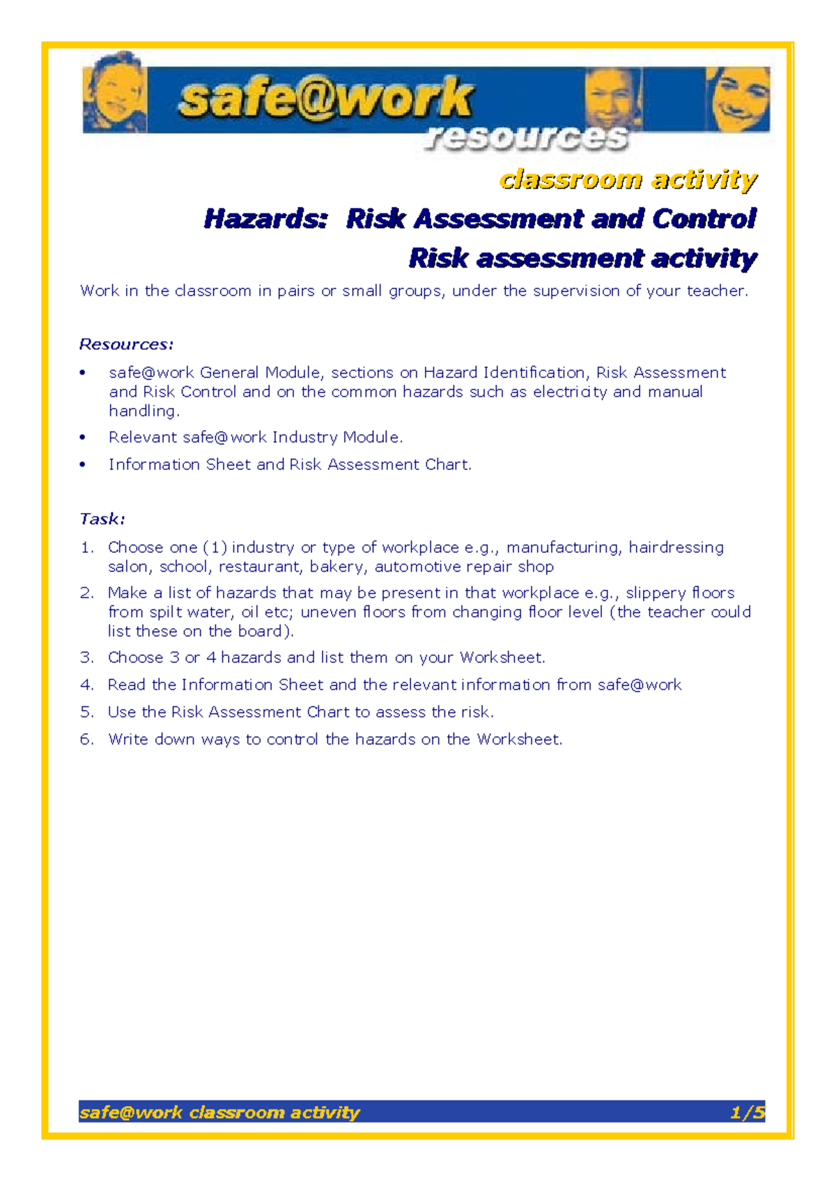 Risk Assessment Activity: Identifying Hazards and Control Measures ...