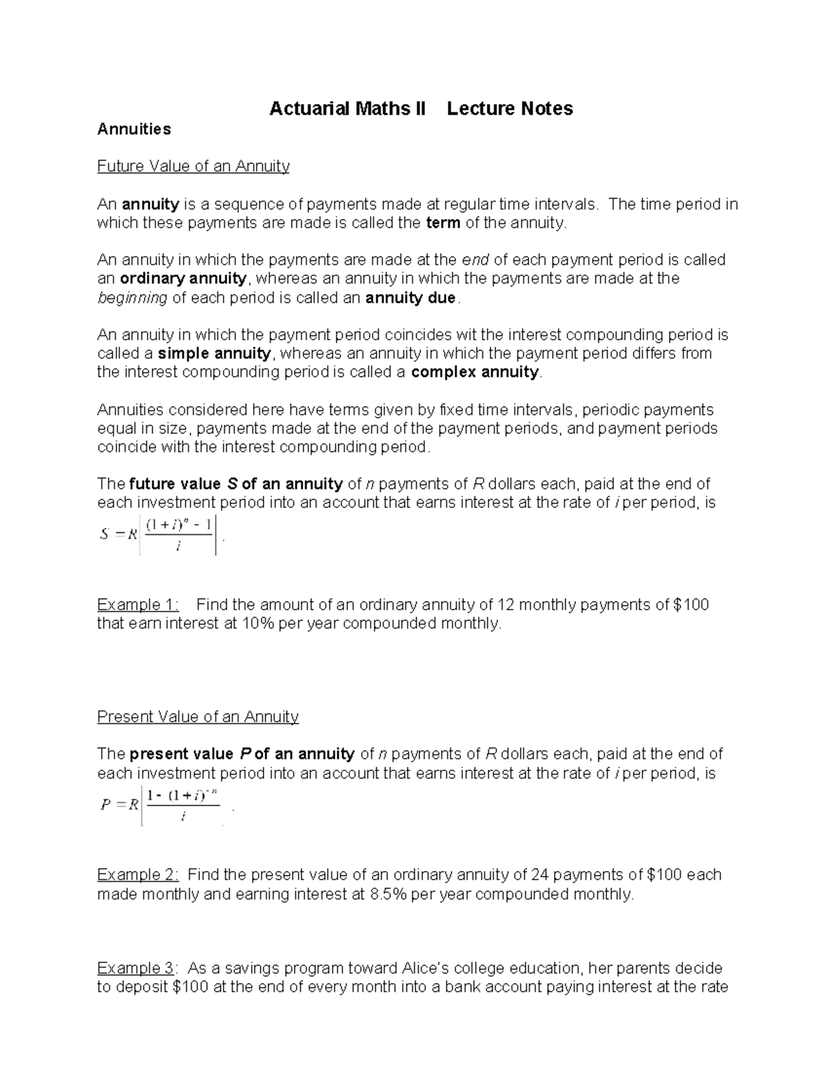 Actuarial Maths II: Annuities Lecture Notes on Future Value - Studocu