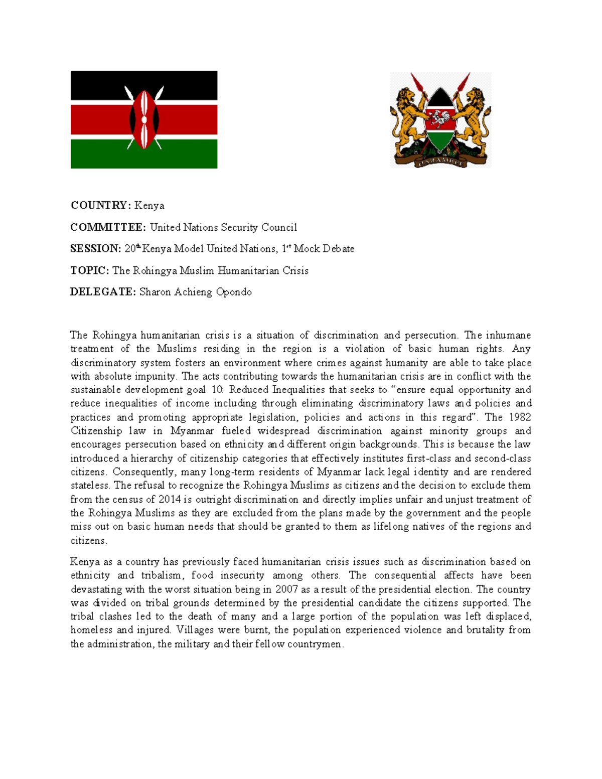 UNSC Kenya Position Paper: Addressing the Rohingya Humanitarian Crisis ...