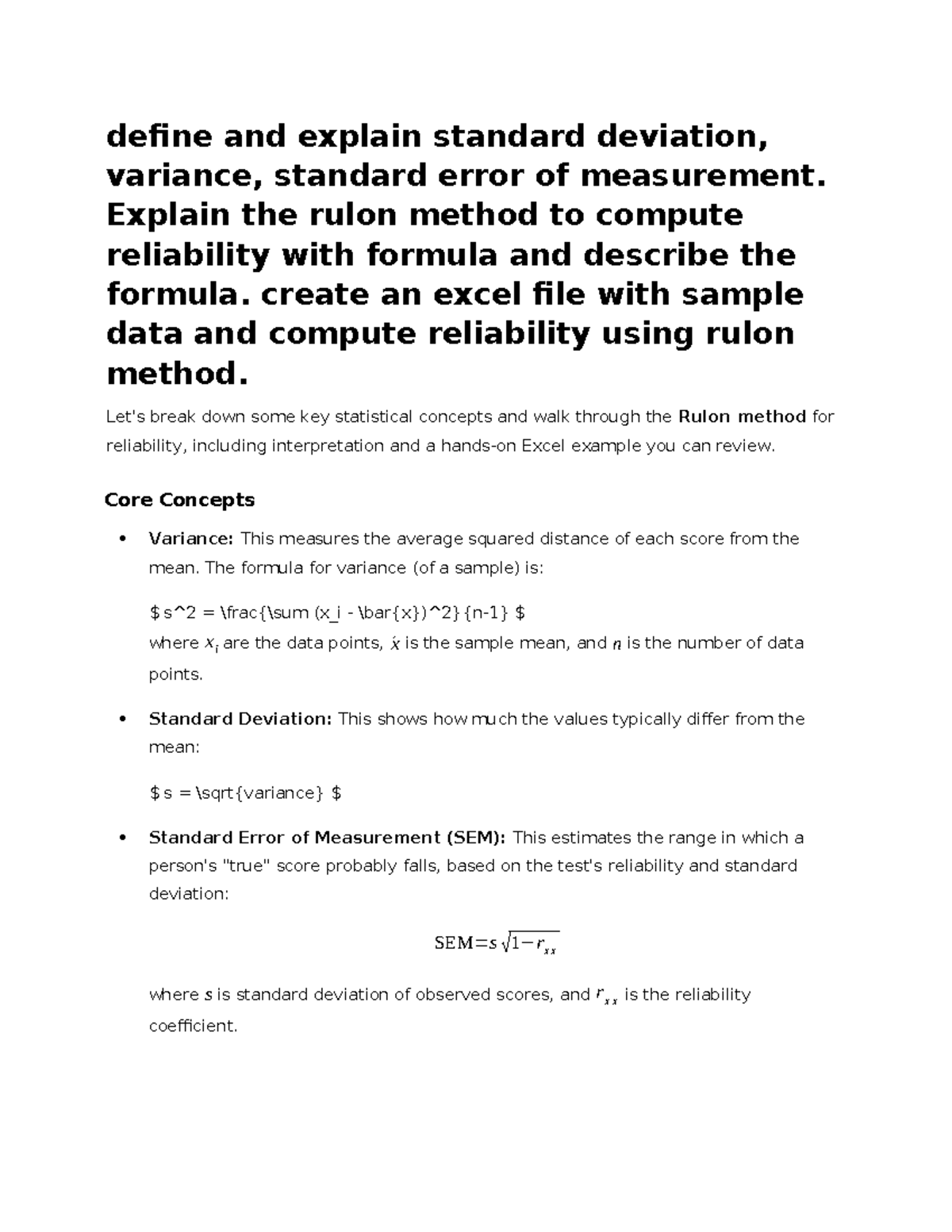 Statistical Concepts & Rulon Method for Reliability (STAT 101) - Studocu