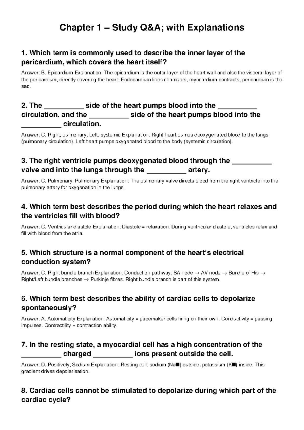 Chapter 1 QA Study Sheet: Heart Structure & Function Explanations - Studocu