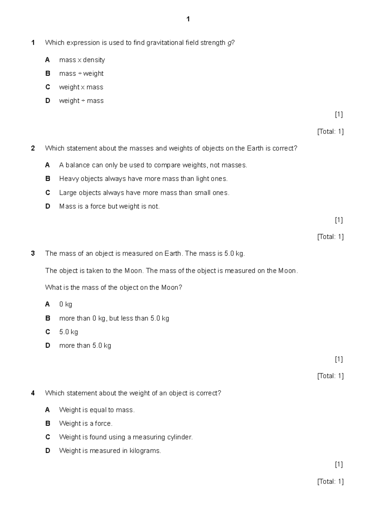 0625 Mass and Weight Practice Questions and Answers - Studocu