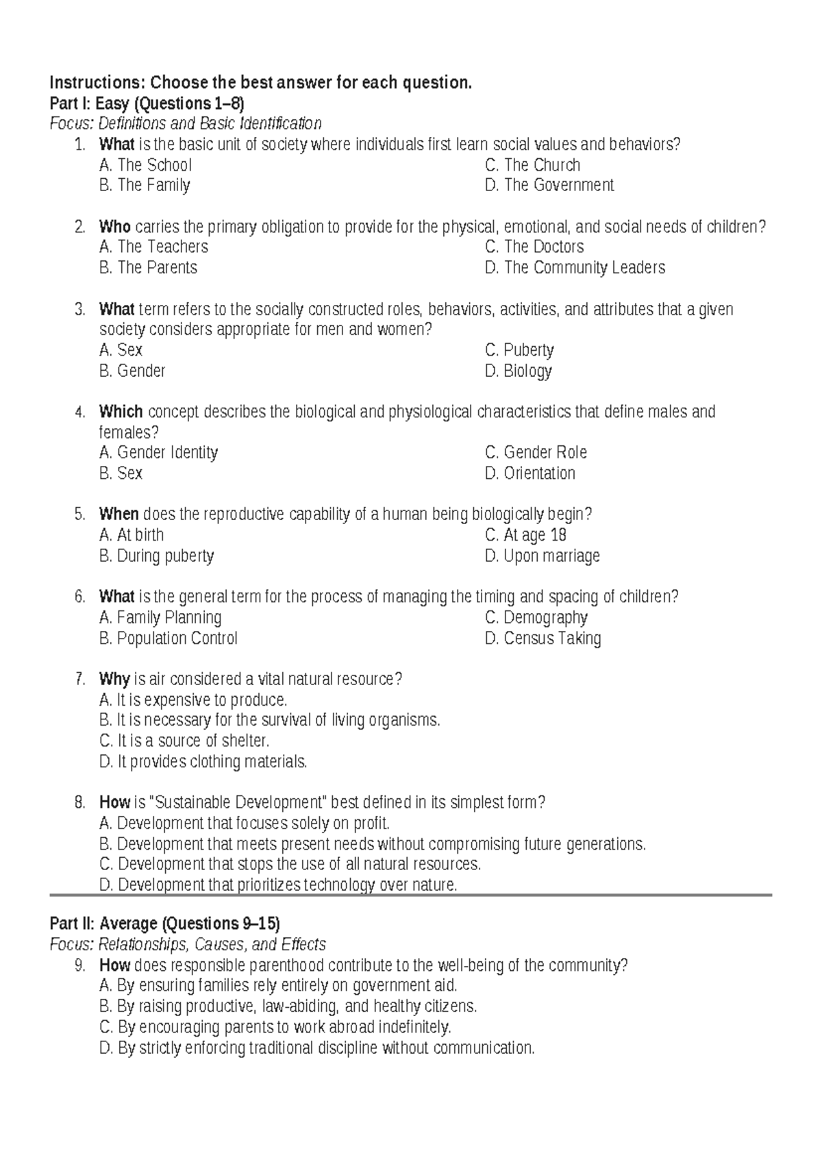 Histopop Practice Test: Questions on Society, Gender, and Resources ...
