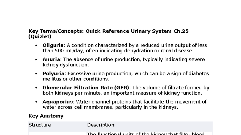 Urinary System Overview Ch. 25 (Quizlet) - Key Concepts & Terms - Studocu