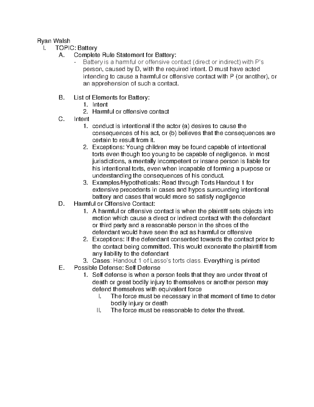 Torts Law: Detailed Outline on Battery Elements & Defenses - Studocu