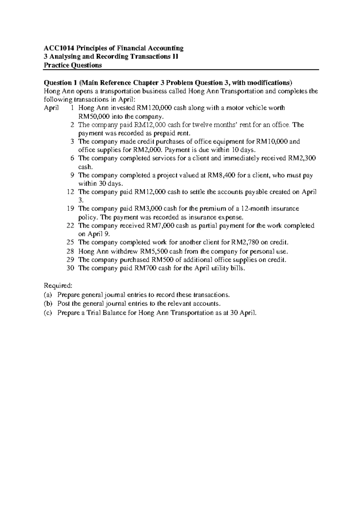 ACC1014 Principles of Financial Accounting 2 Practice Questions on ...