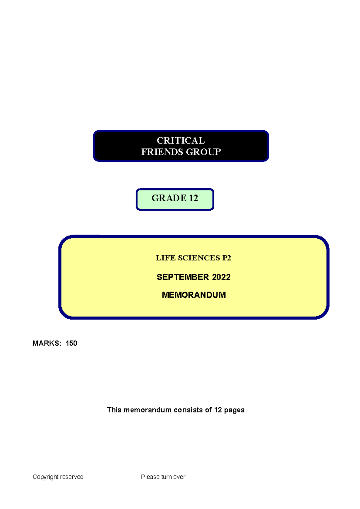 Life Sc P2 MEMO Trial 2022 Post Memo discussion - MARKS: 150 This ...