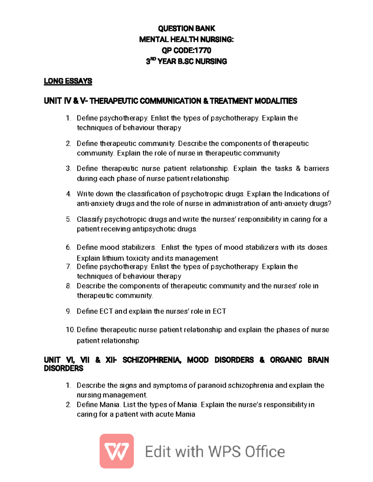 1770-Question Bank - Mental Health Nursing - 3rd Year Blueprint - Studocu
