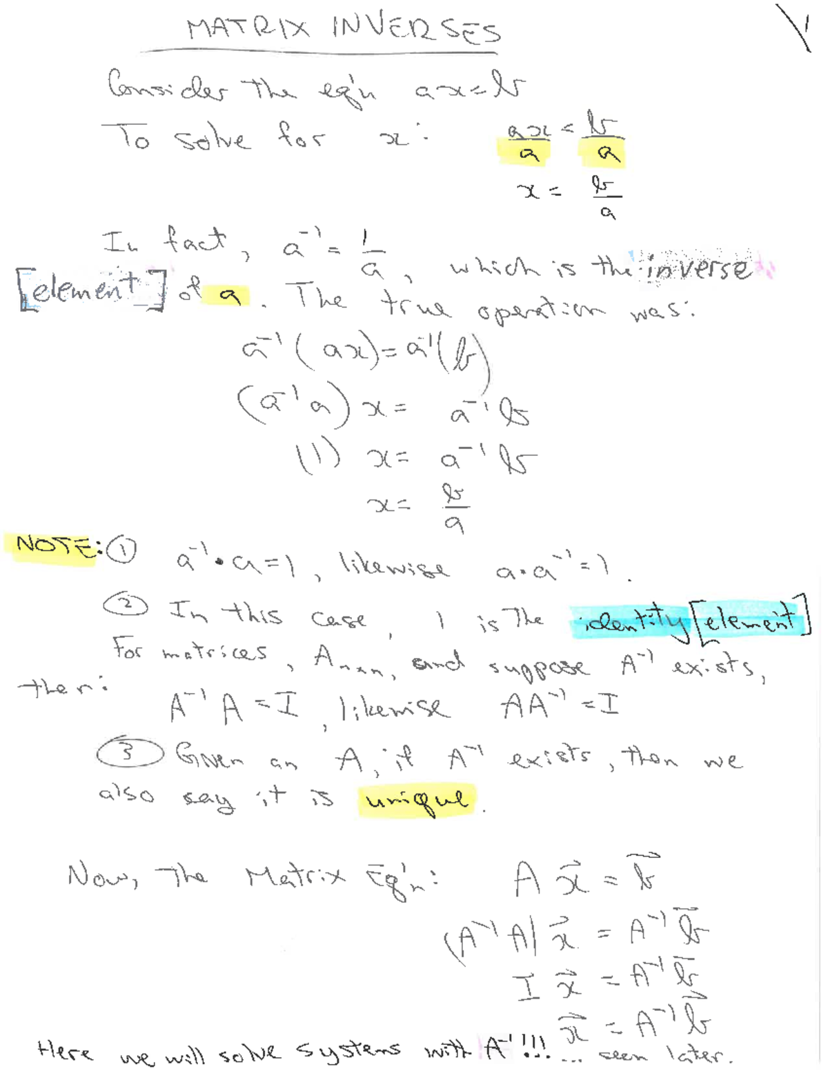MATH 201: Notes on Matrix Inverses and Solving Systems - Studocu