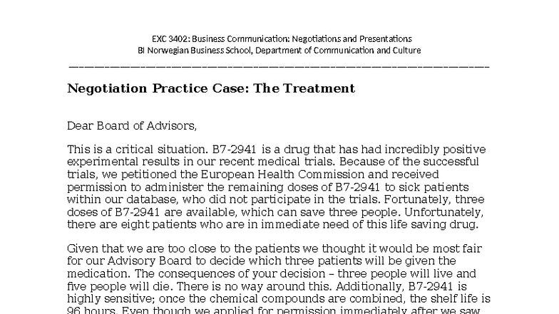EXC 3402: Business Communication Negotiation Case Study on Treatment ...