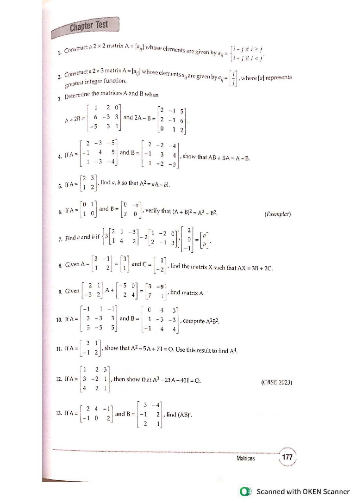 Chapter Test 1: Matrix Operations and Greatest Integer Function (CBSE ...