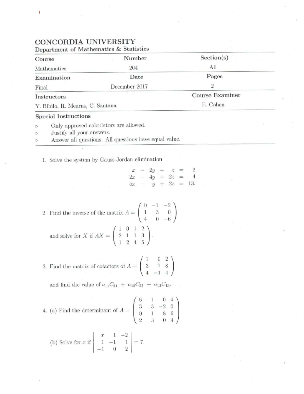 Mathematics 204 final exam sample questions and solutions - Studocu