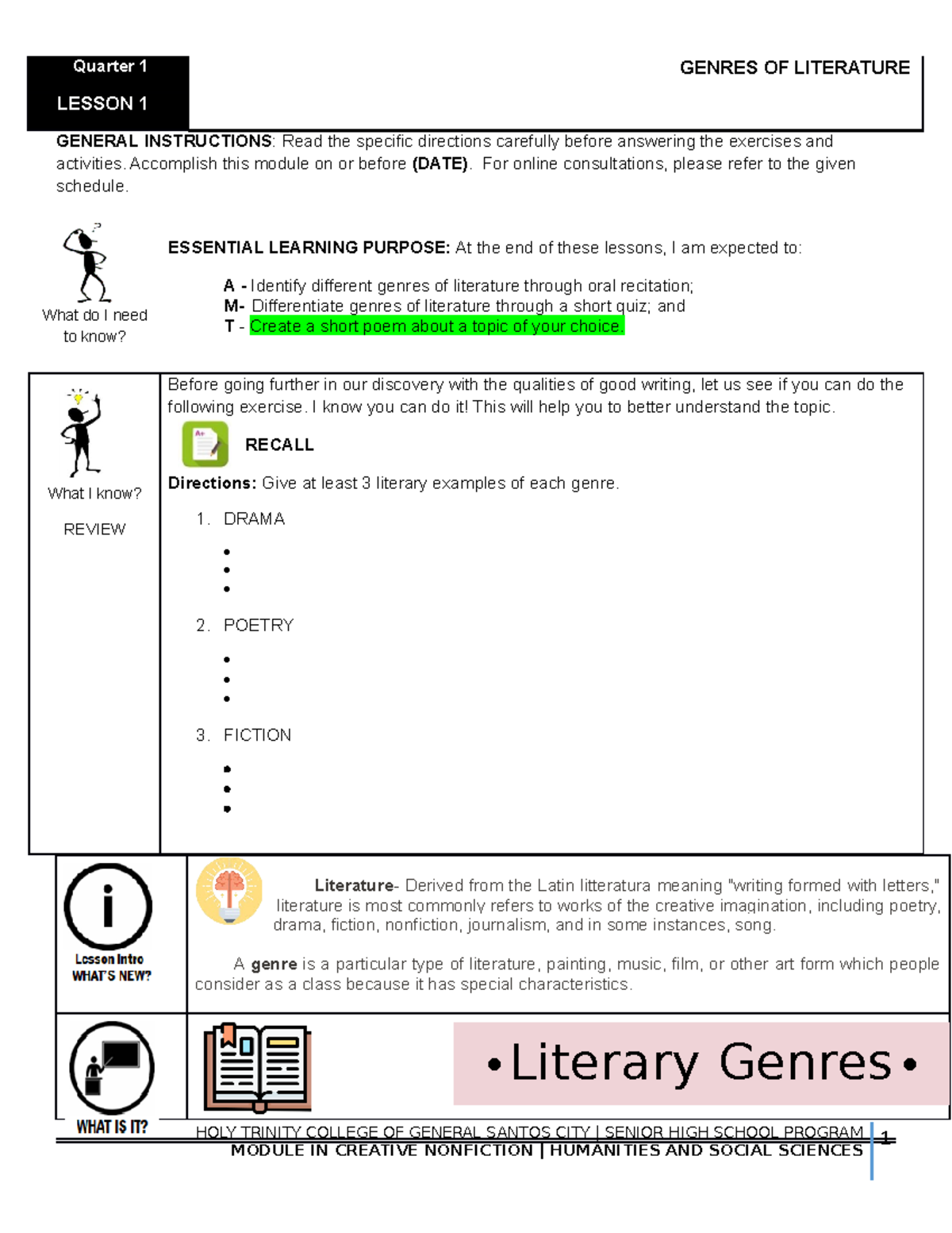 Week 1 - Exploring Literary Genres in Literature 101 - Studocu
