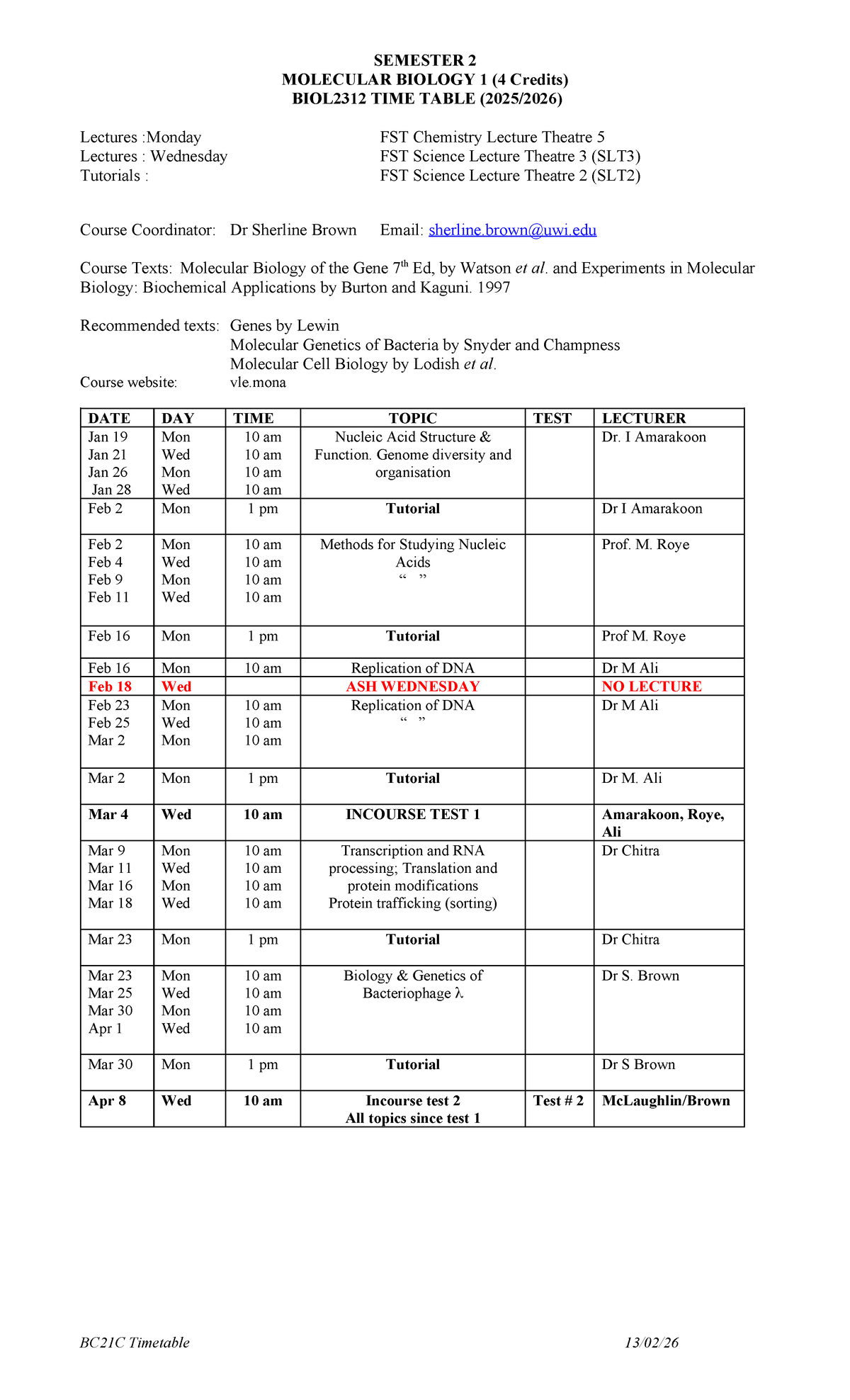 BIOL2312 Semester 2 2025-2026 Molecular Biology Lecture Timetable - Studocu