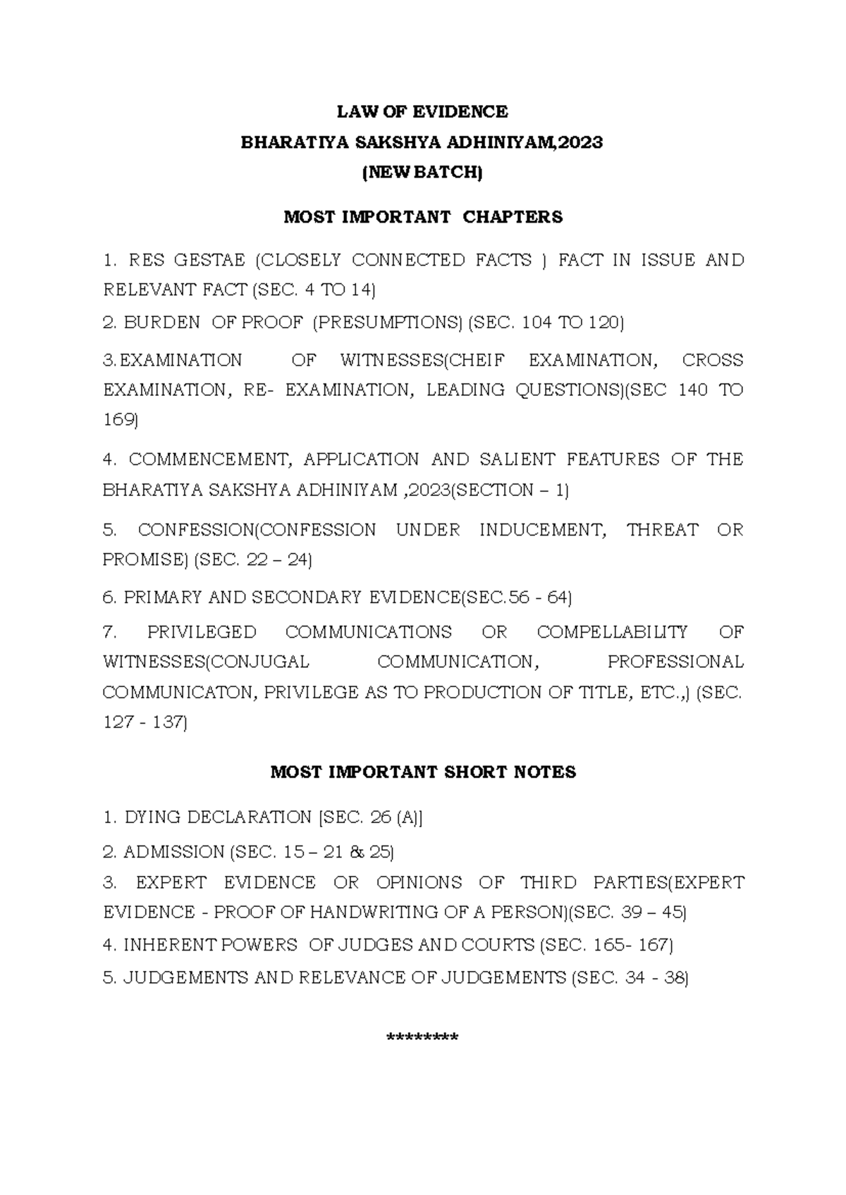 BSA-1: Important Notes on Bharatiya Sakshya Adhiniyam, 2023 - Studocu