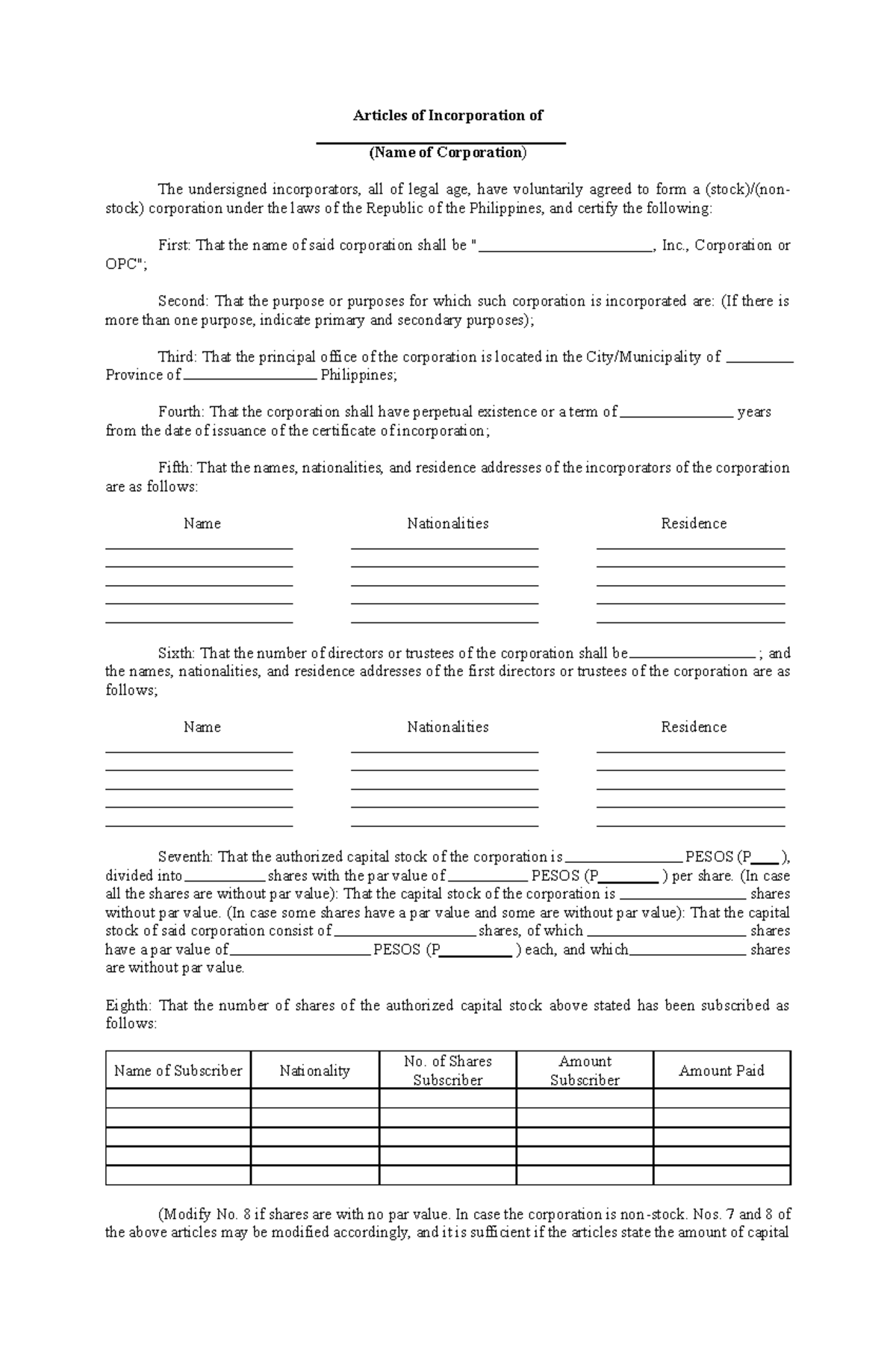 Articles of Incorporation (AOI - RCCP) for Corporation Formation - Studocu