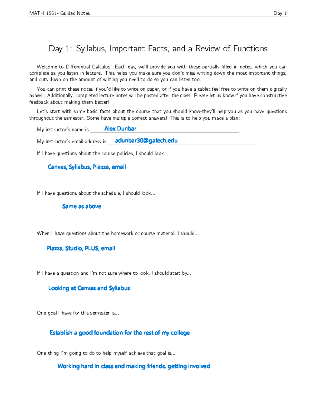 MATH Guided Notes Day 1: Syllabus & Functions Overview - Studocu