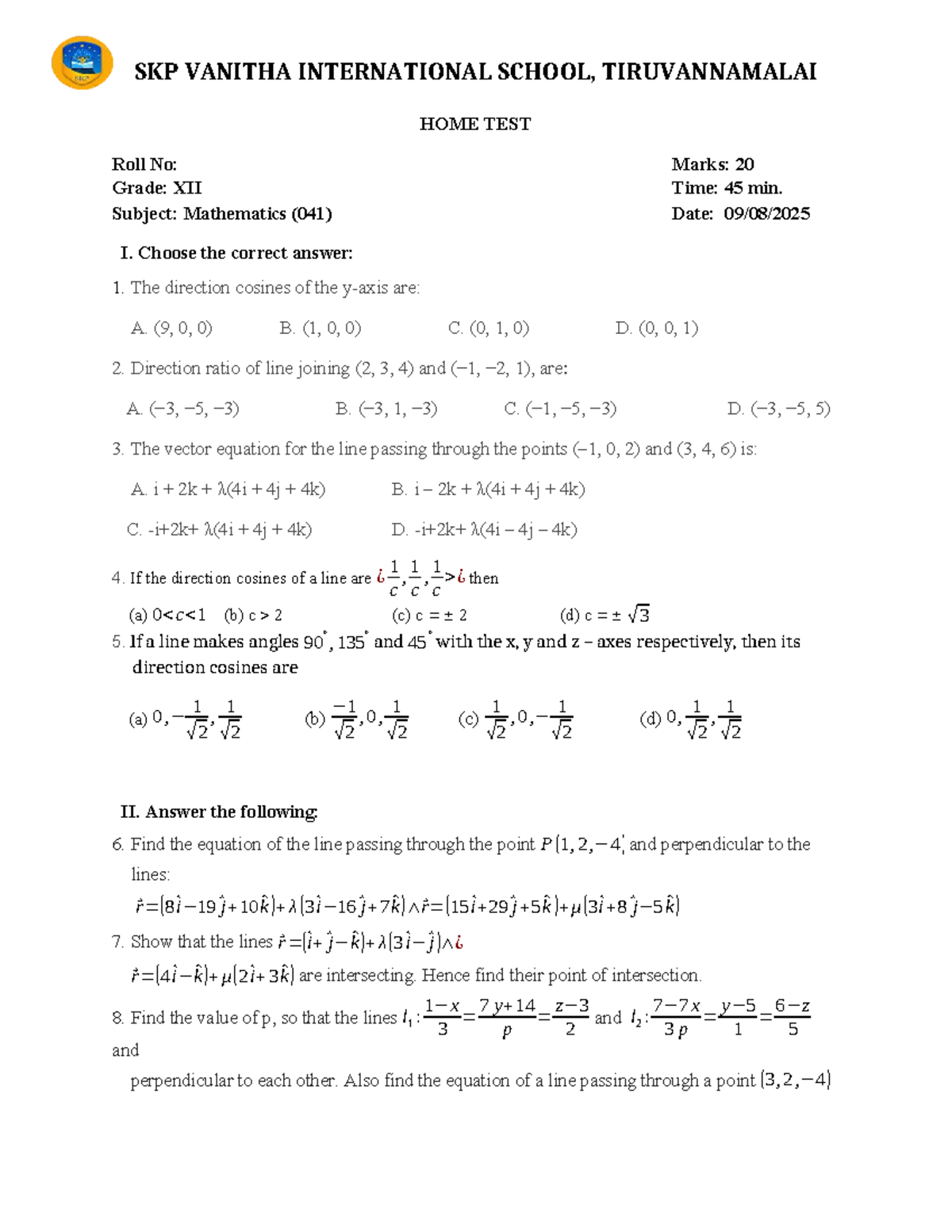 Mathematics Home Test (041) - Grade XII - SKP Vanitha Intl School - Studocu
