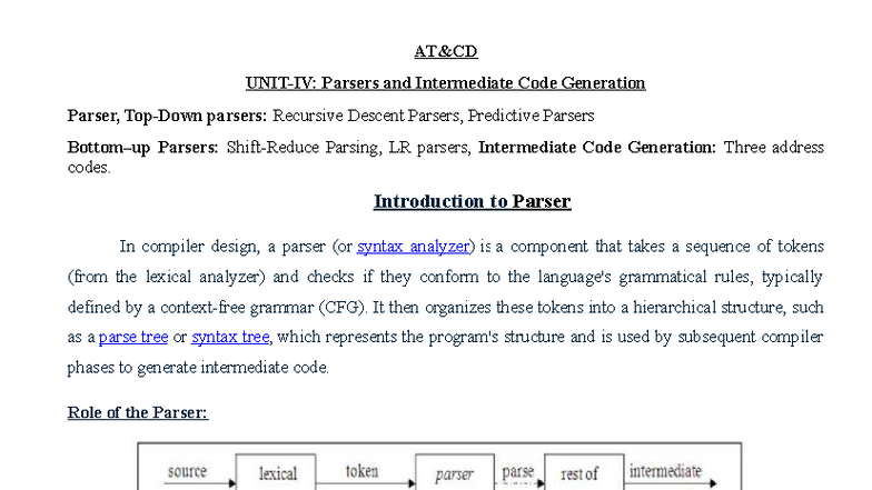 AT&CD Unit-4: Parsers & Intermediate Code Generation Overview - Studocu
