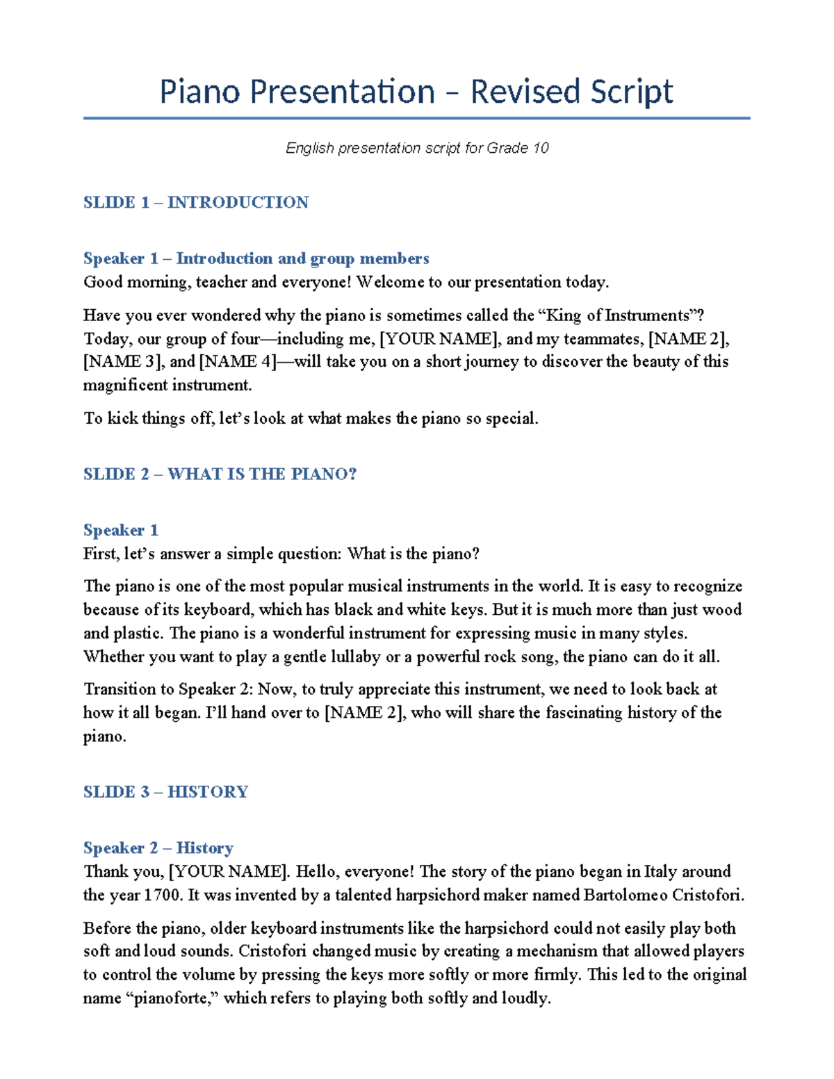 Piano Presentation Revised Script for Grade 10 - Studocu