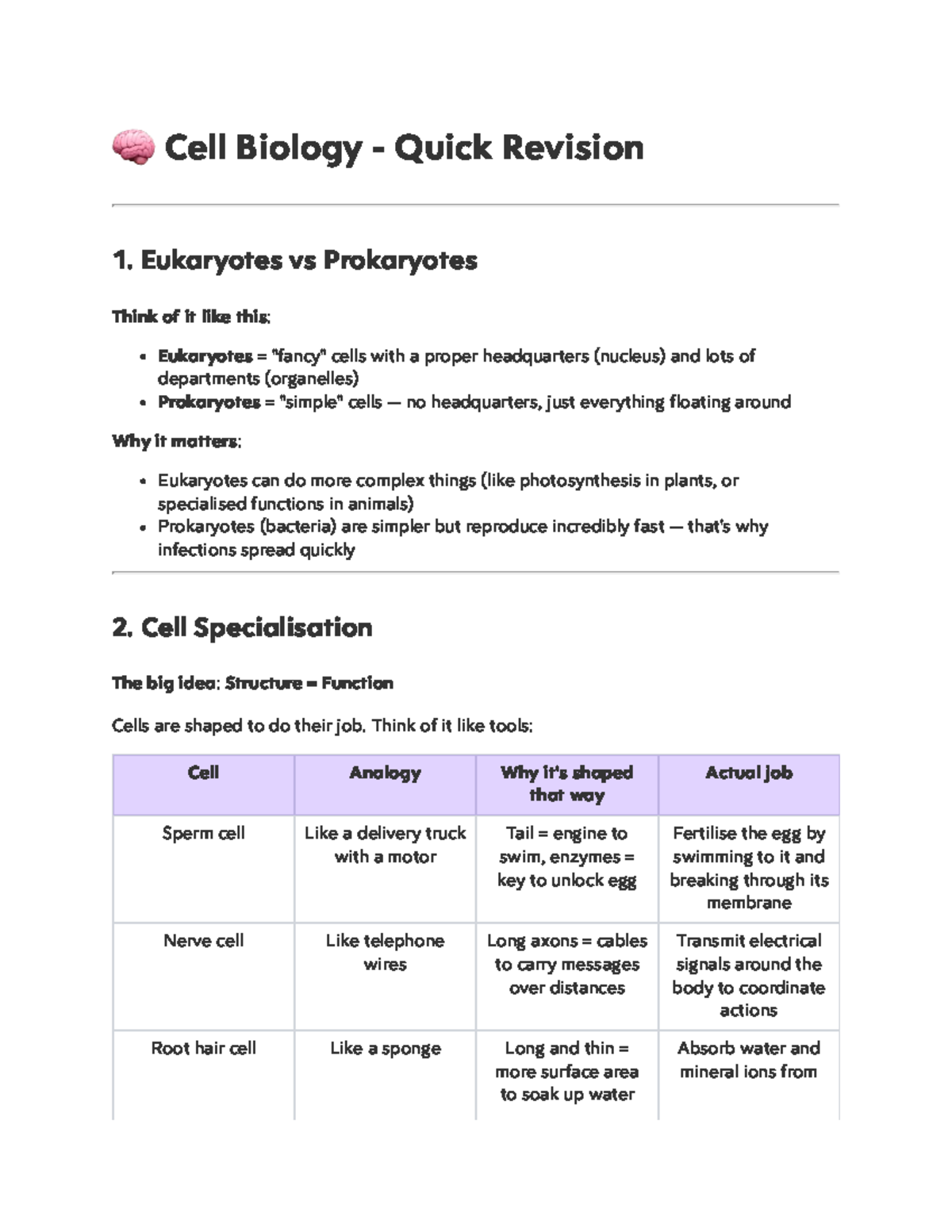 Biology Revision: Eukaryotes vs Prokaryotes & Cell Functions - Studocu