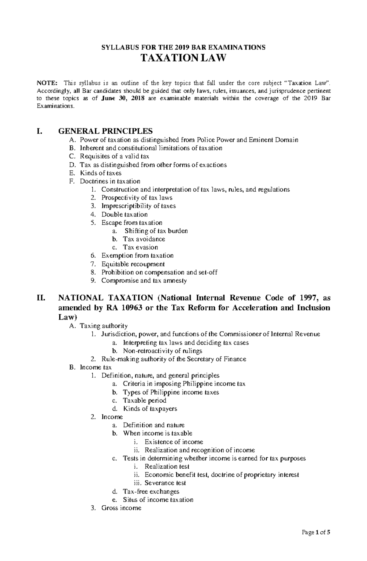 Taxation-LAW - PDF on Taxation - SYLLABUS FOR THE 2019 BAR EXAMINATIONS ...