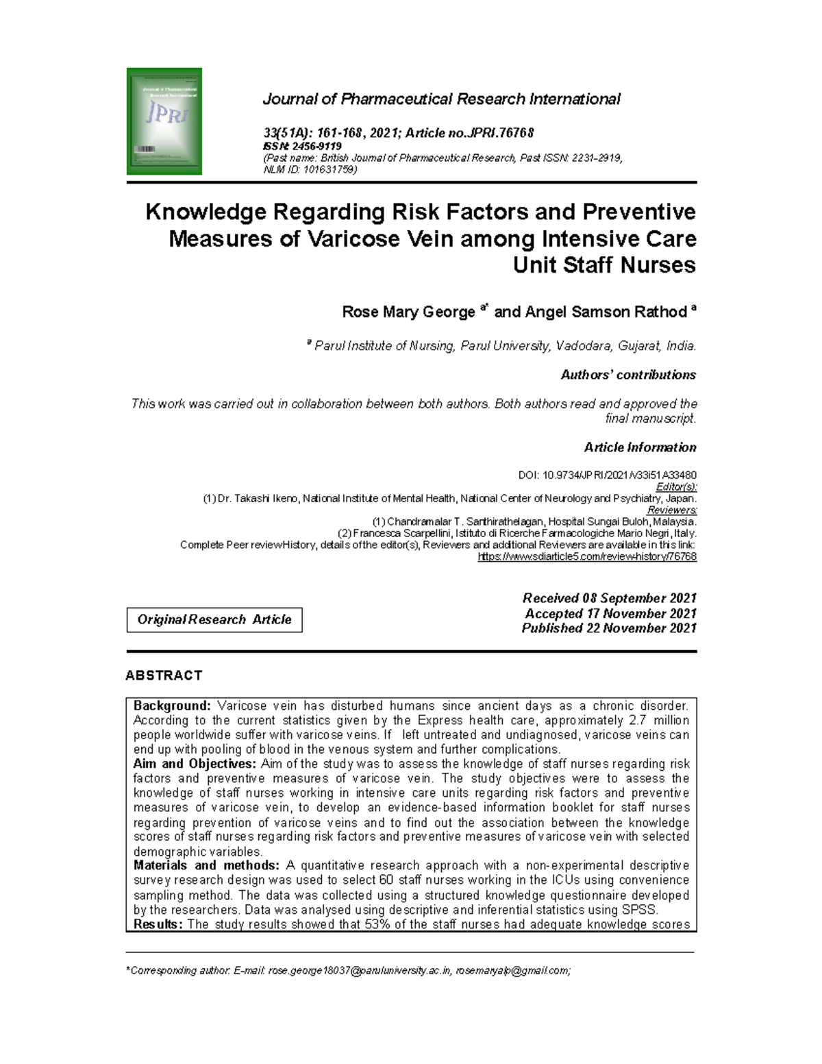 Knowledge and Prevention of Varicose Veins among ICU Nurses: A Study ...