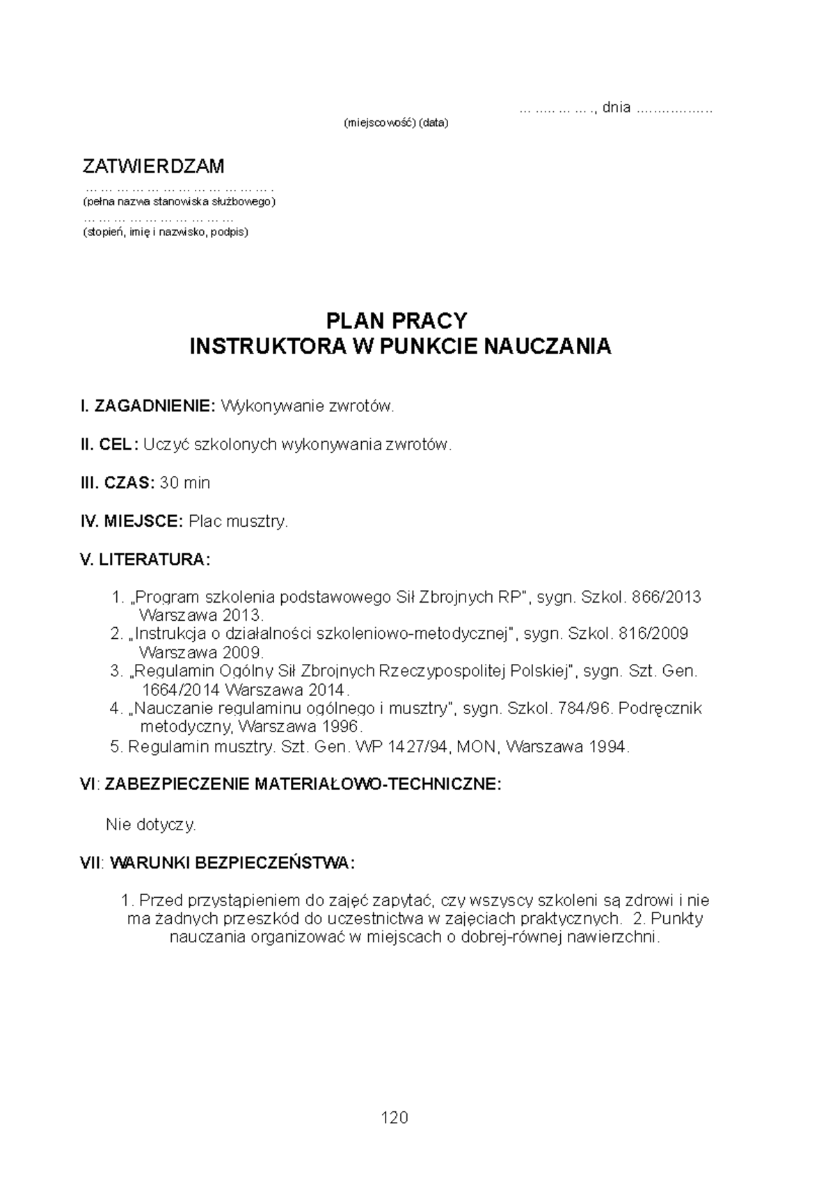 Plan Pracy Instruktora Na Punkcie Nauczania