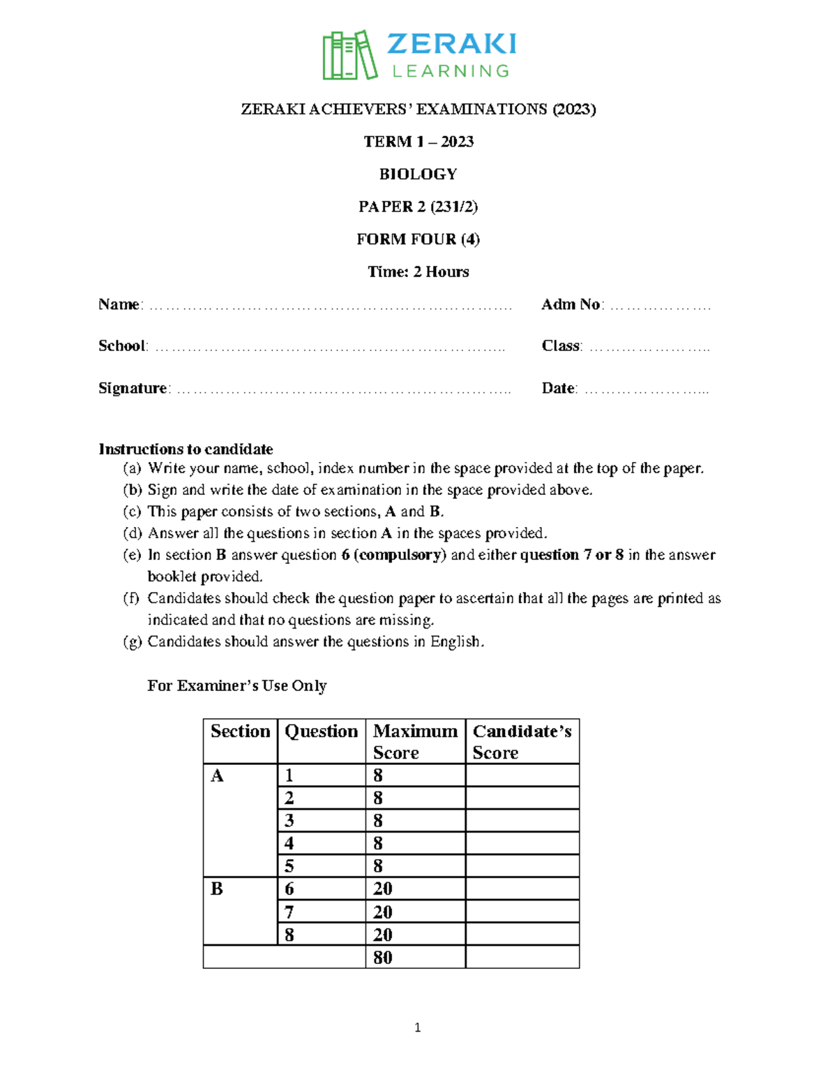 Biology Paper 2 Assignments - Form 4 - Term 1 2023 (231/2) - Studocu
