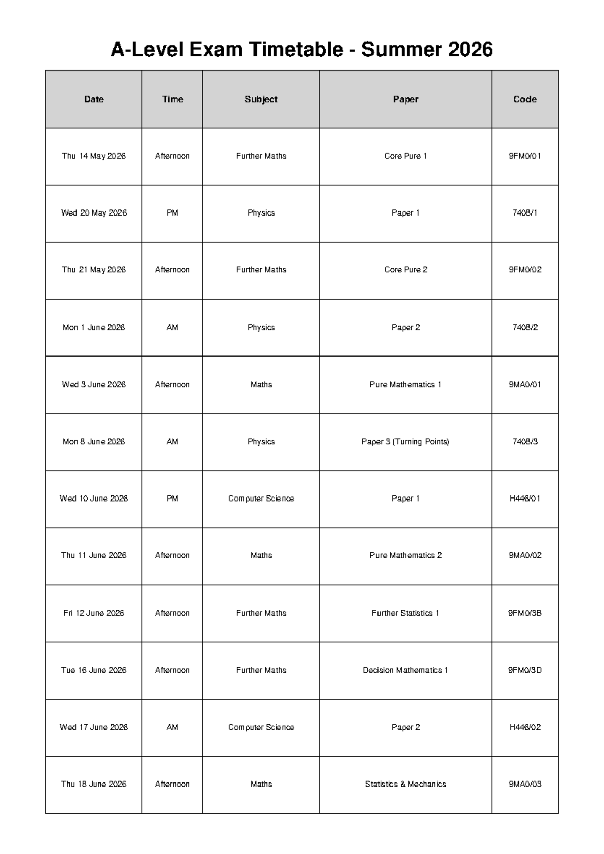 A Level Exam Timetable Summer 2026 - Onepage Final - Studocu