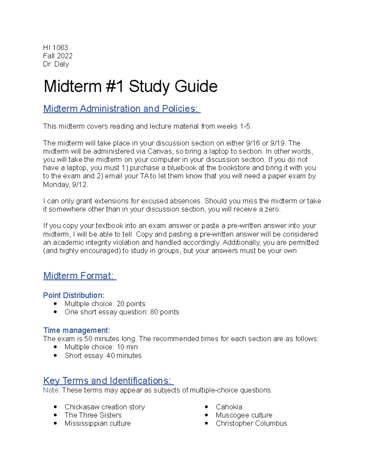 Midterm 1 Study Guide for HI 1063 - Fall 2022 Exam Prep - Studocu