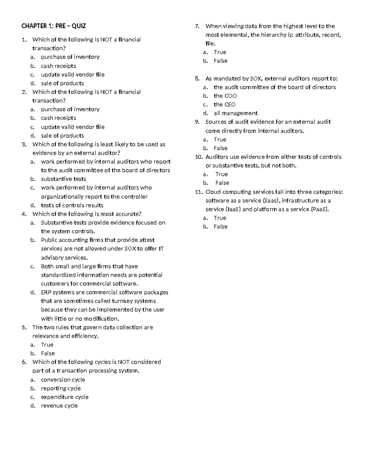 AIS - Chapters 1 & 2 - Pre-Quiz and Homework Solutions - Studocu