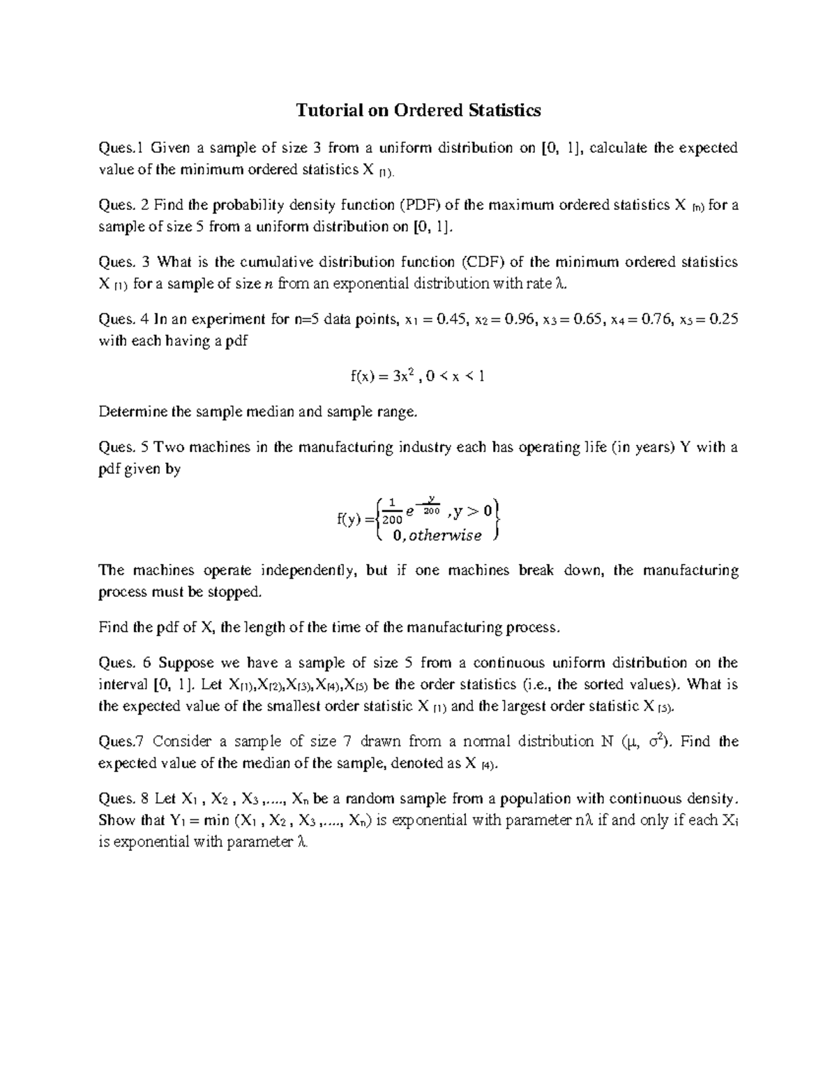 Ordered Statistics Problems - Tutorial 1 (Stat 101) - Studocu