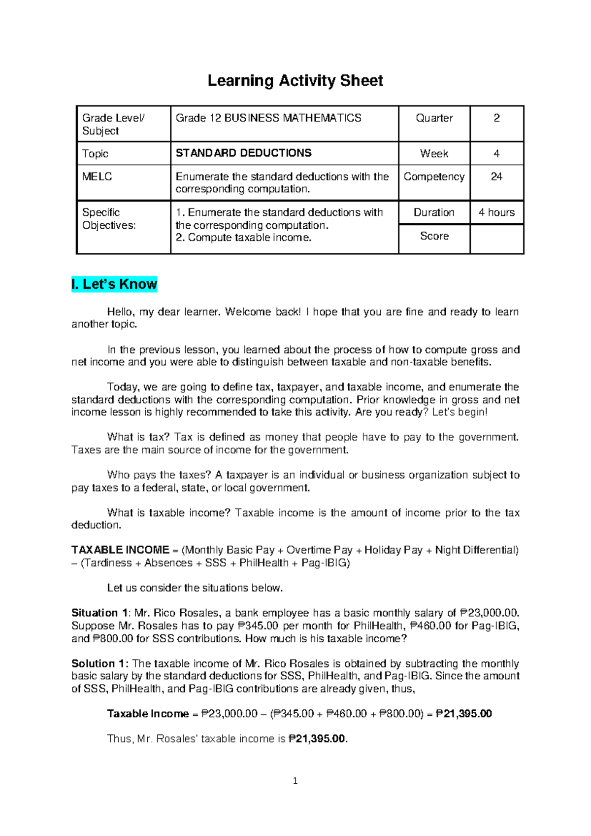 Q2-Business-Mathematics-Standard Deductions-Learning Activity Week 4 ...
