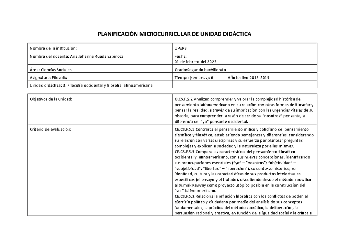 Planificación Microcurricular de Filosofía - 2º Bachillerato 2023 - Studocu