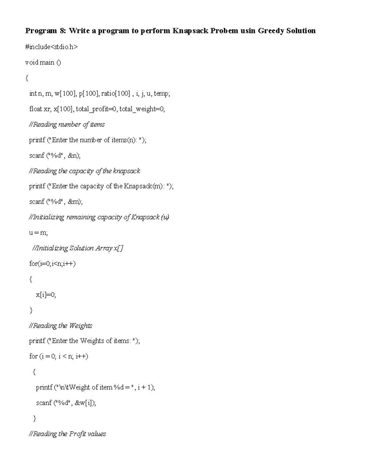Knapsack Problem Using Greedy Solution - PGM Final Exam Code - Studocu