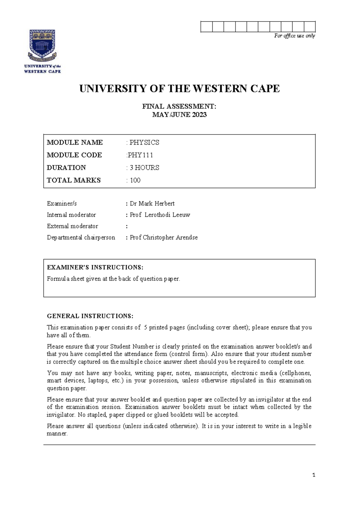 UWC PHYSICS 2023 FINAL EXAM QUESTION PAPER: JUNE SESSION - Document Preview