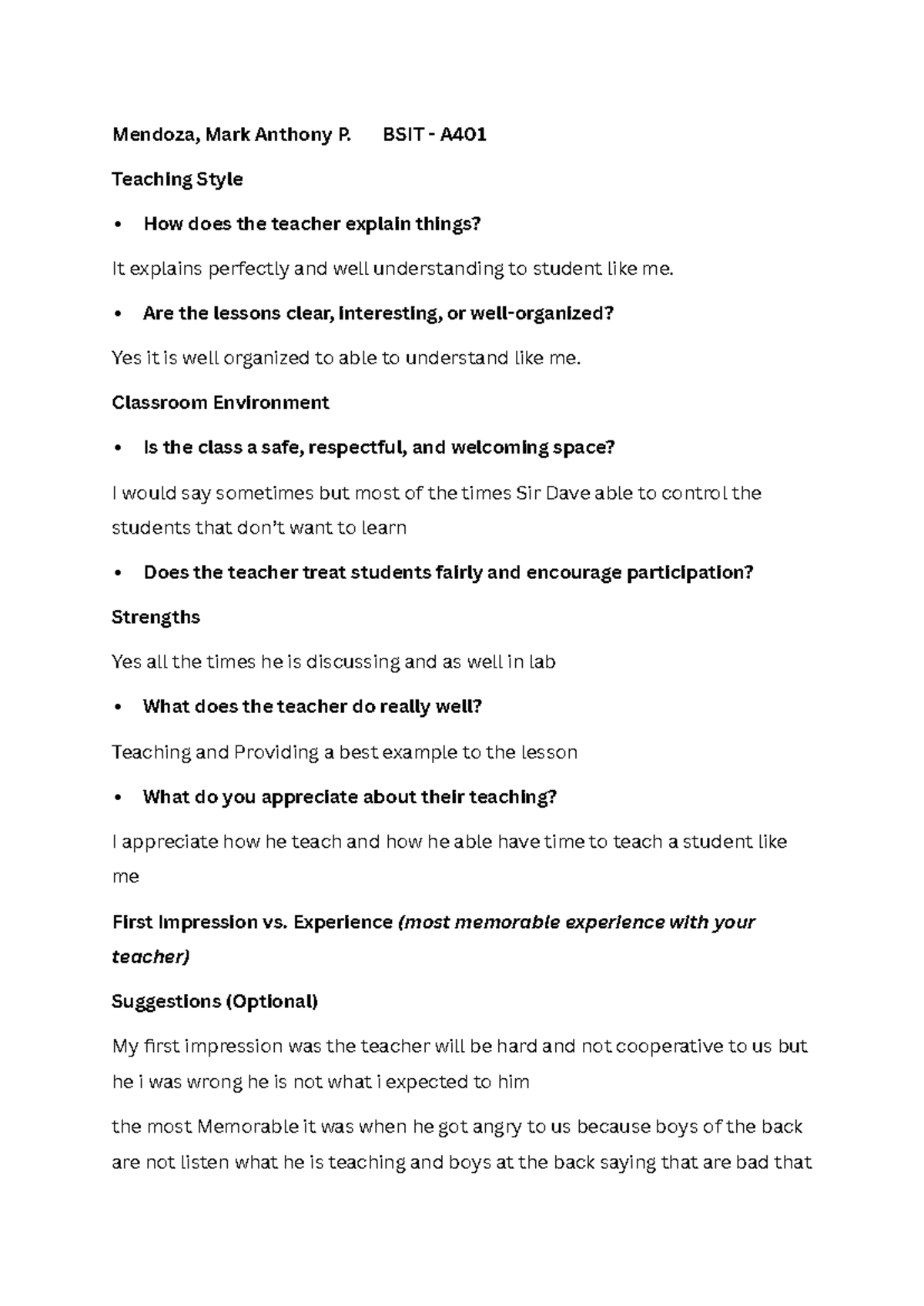BSIT A401 Teaching Style Evaluation: Classroom Experience Insights ...