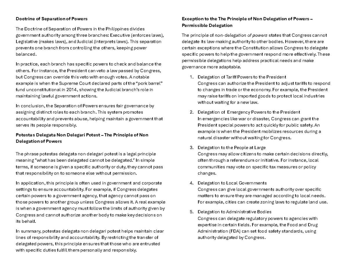 Political Law Notes: Separation of Powers & Delegation Principles - Studocu
