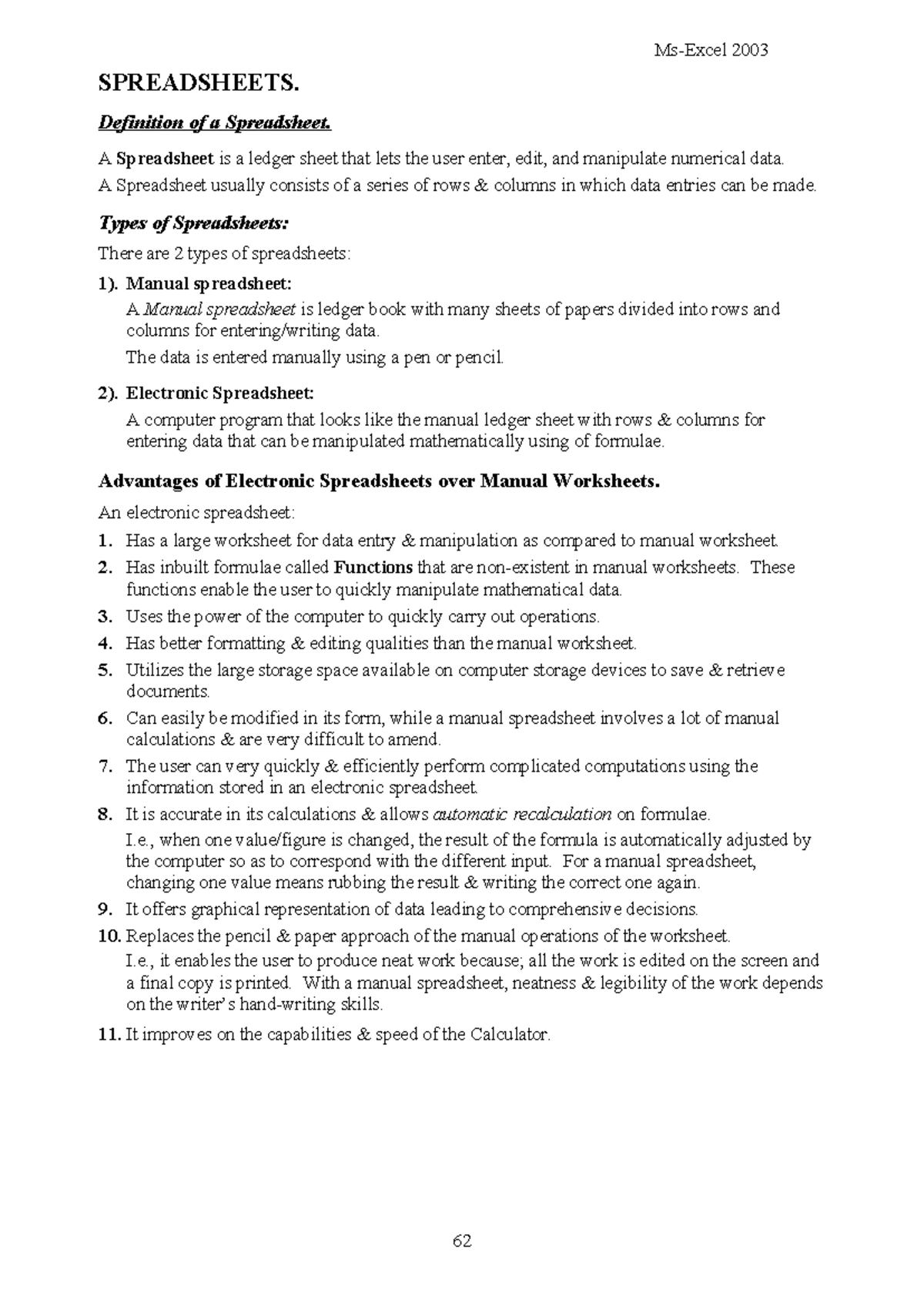 MS-Excel Notes: Understanding Spreadsheets and Their Functions - Studocu