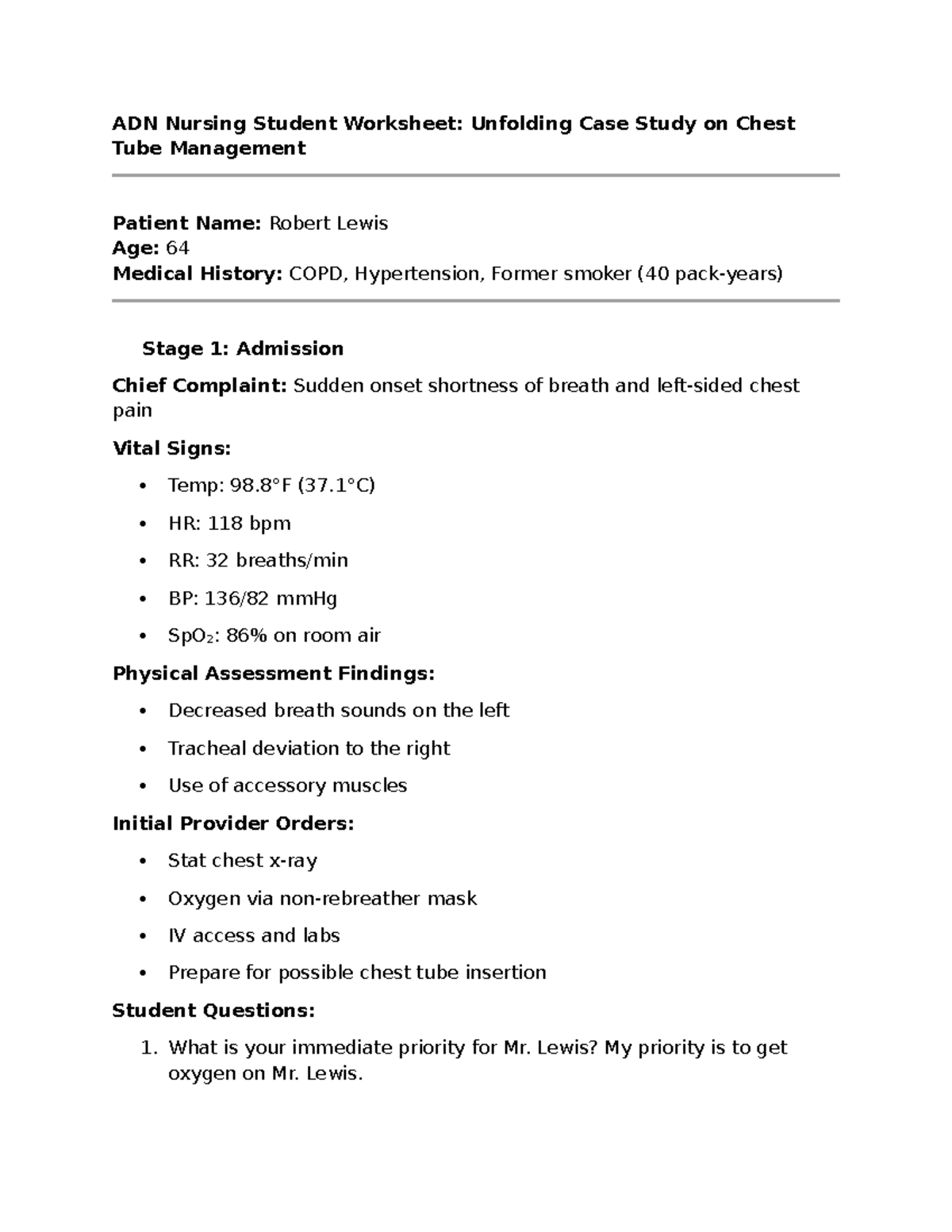 ADN Nursing Case Study: Chest Tube Management for COPD Patient - Studocu