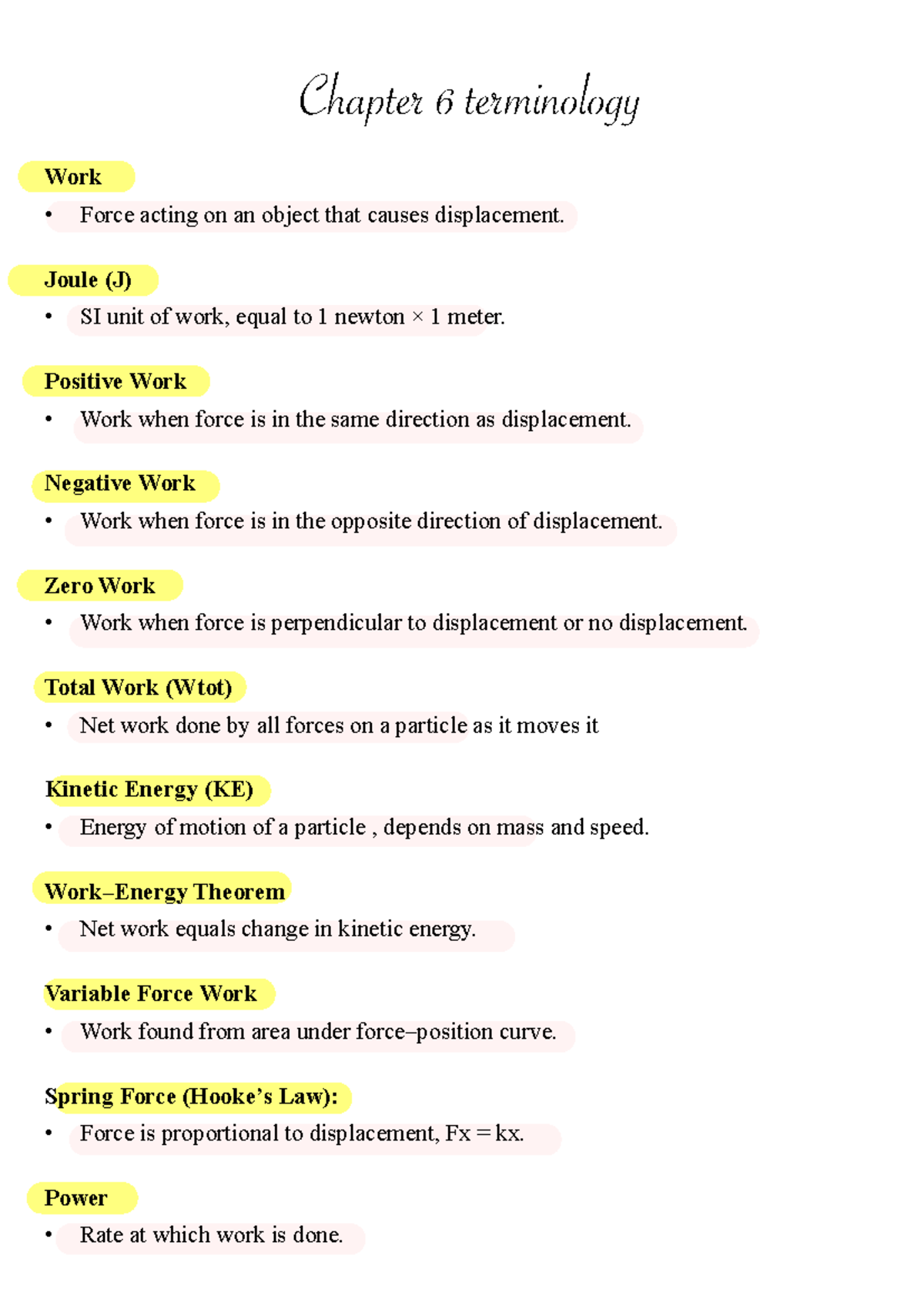 Chapter 6 Terminology: Work, Energy, and Forces Explained - Studeersnel