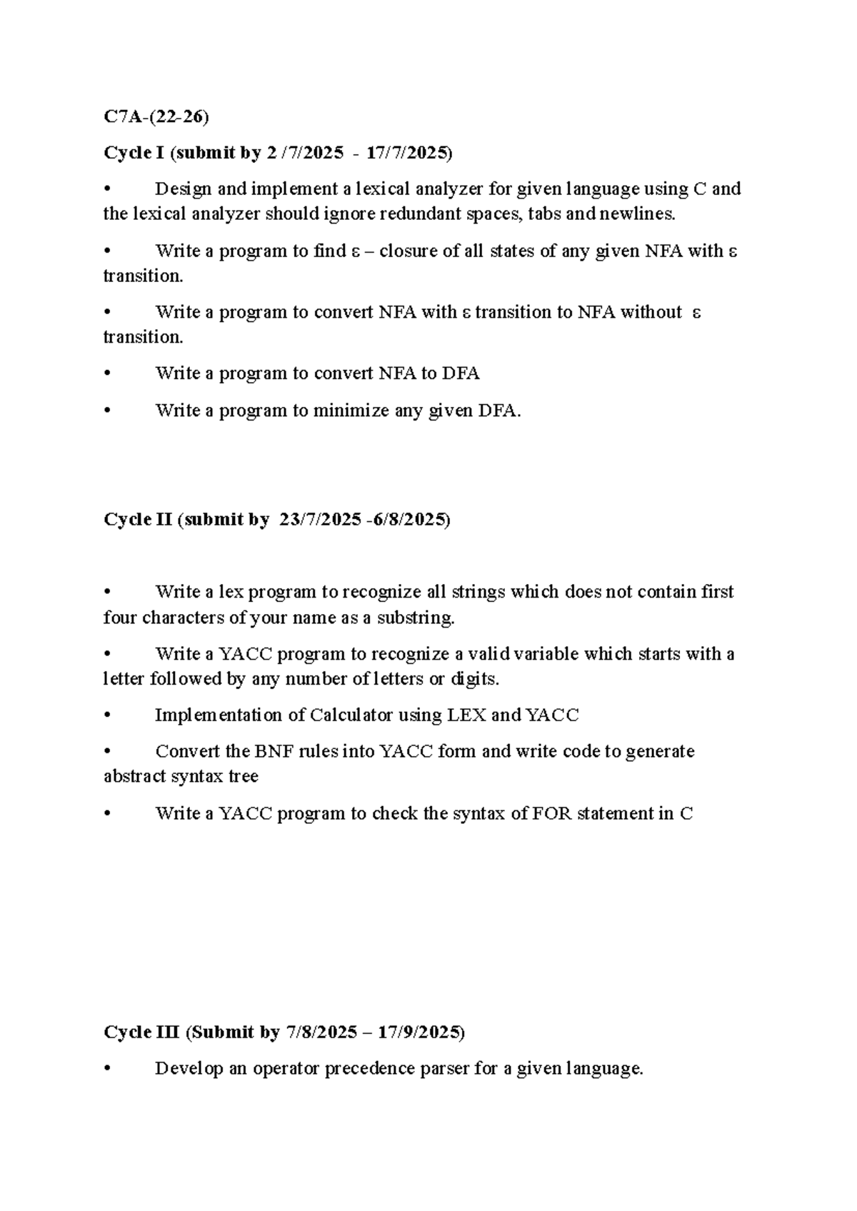 Lab Cycle 7A: Lexical Analyzer & Parser Implementation Notes - Studocu