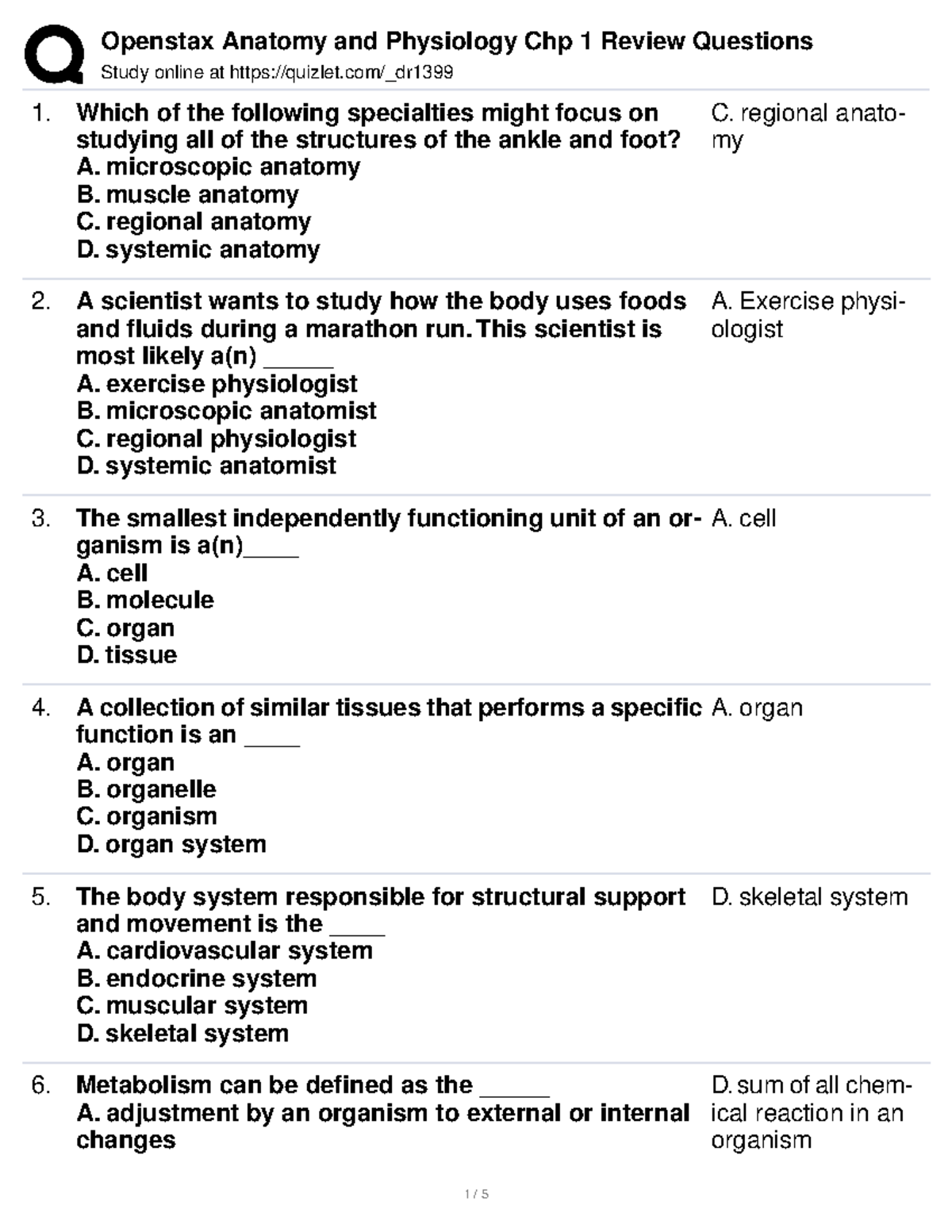 Openstax Anatomy & Physiology Chp 1 Review Qs and Answers - Studocu
