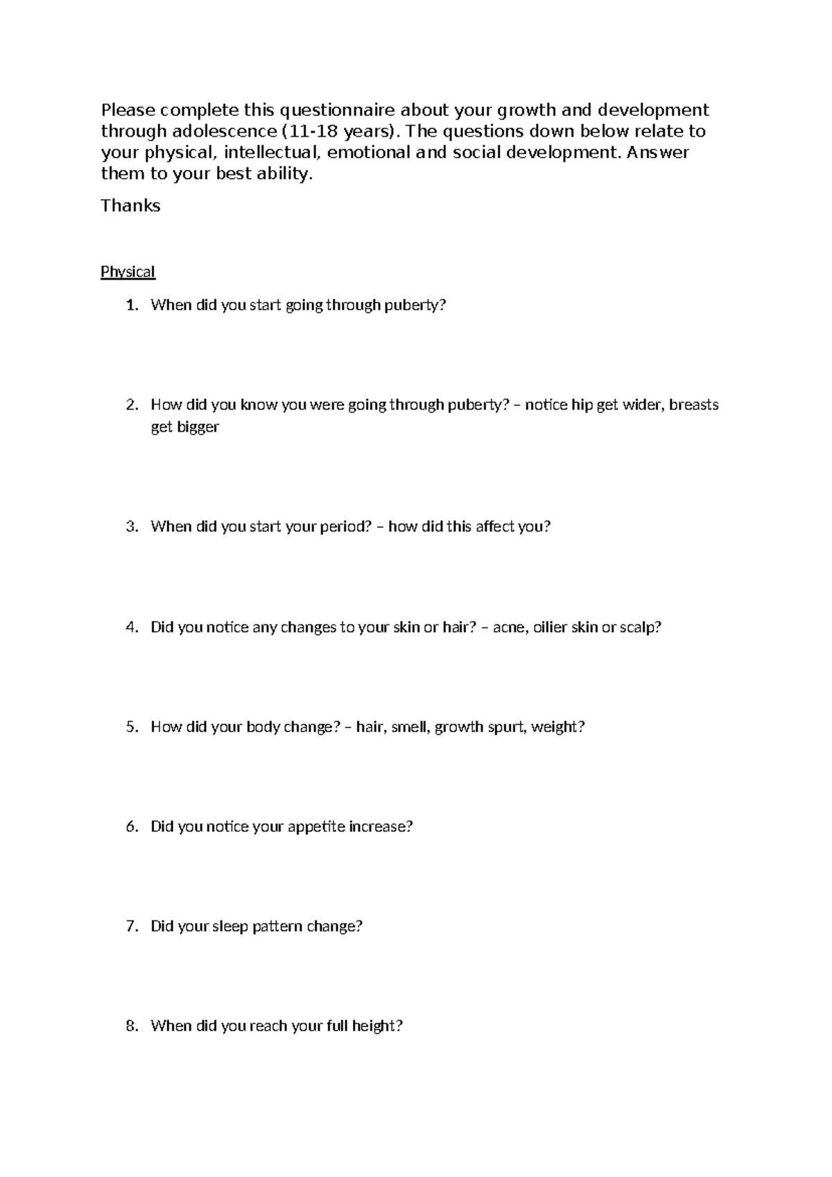 R033 Final Questionnaire on Adolescent Growth & Development - Studocu