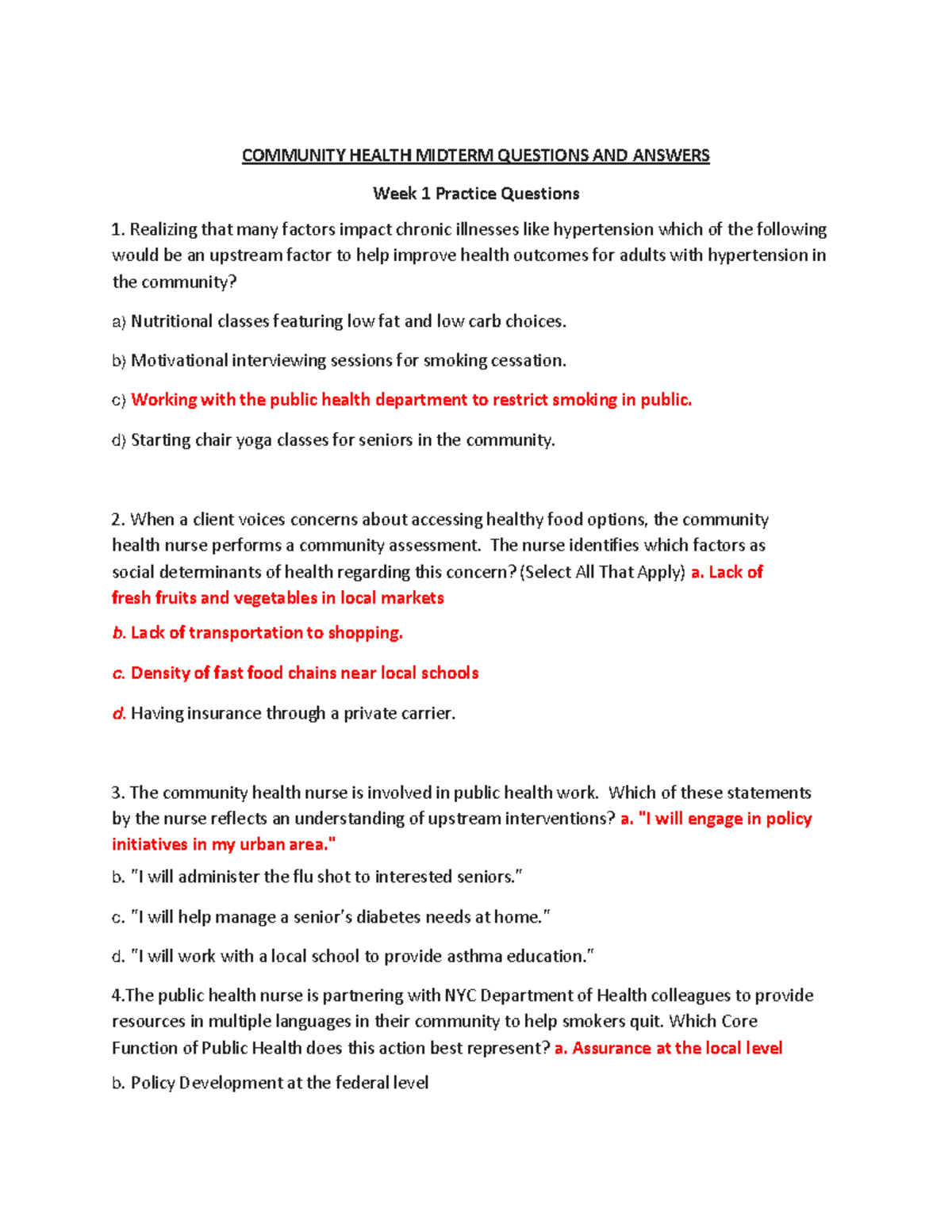 Community Health Midterm Questions & Answers - Comprehensive Review ...