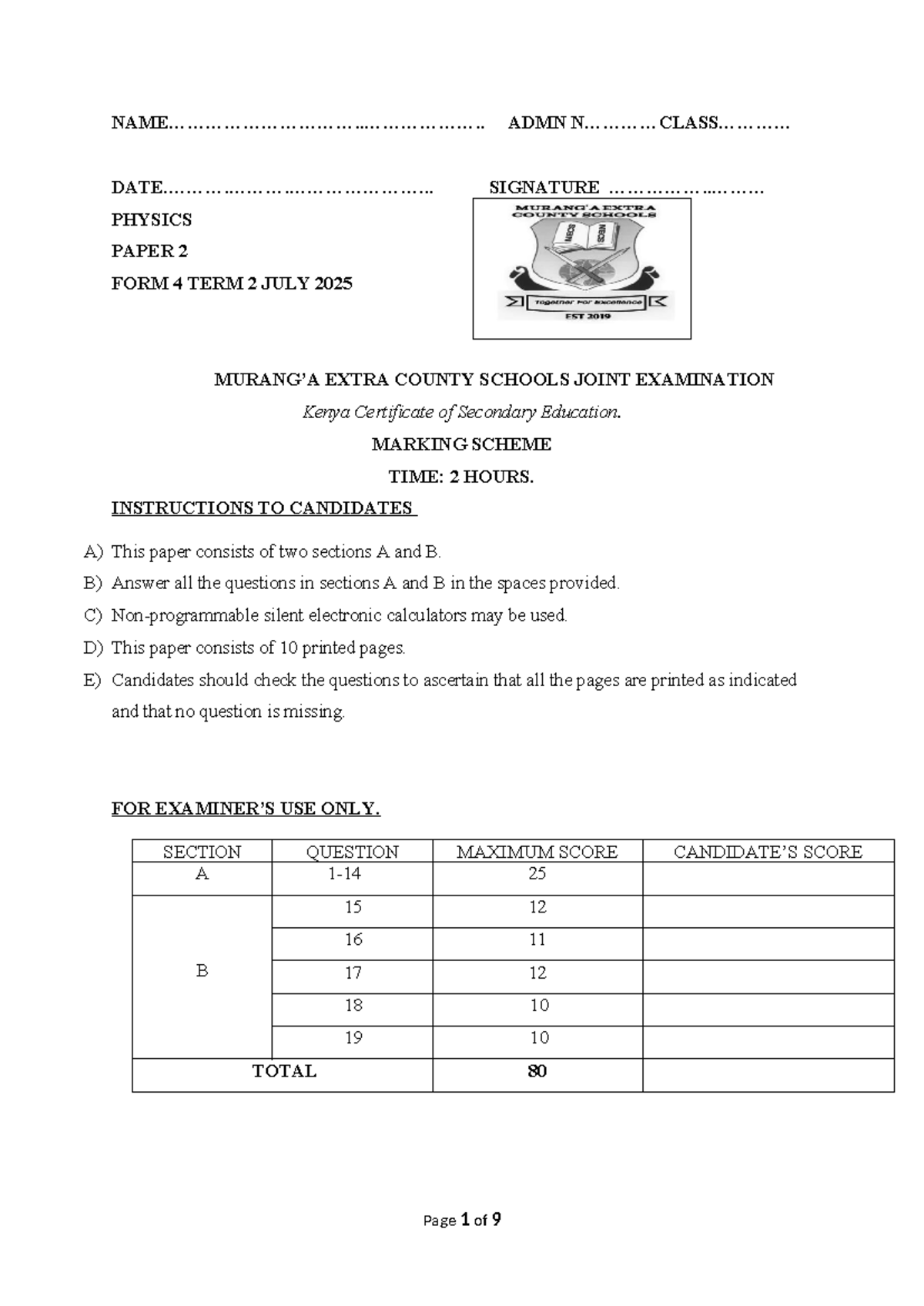 ADMN 232-2 PHYSICS PAPER 2 FORM 4 TERM 2 MARKING SCHEME - Studocu